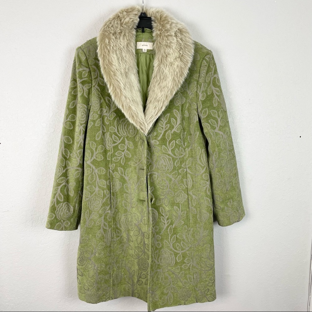 Merona Green Sliver Floral Fur Collar Trench Coat XL